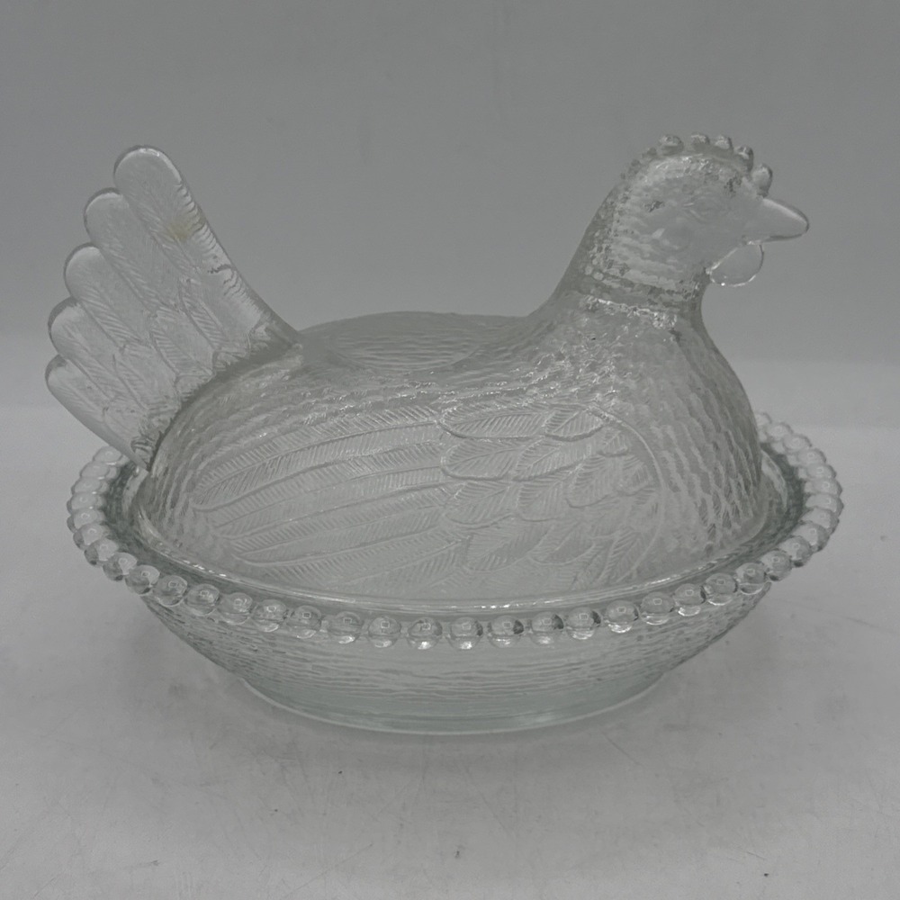 Vtg Indiana Glass Hen on Nest 7" Clear Covered Candy Dish Beaded Edge Farmhouse